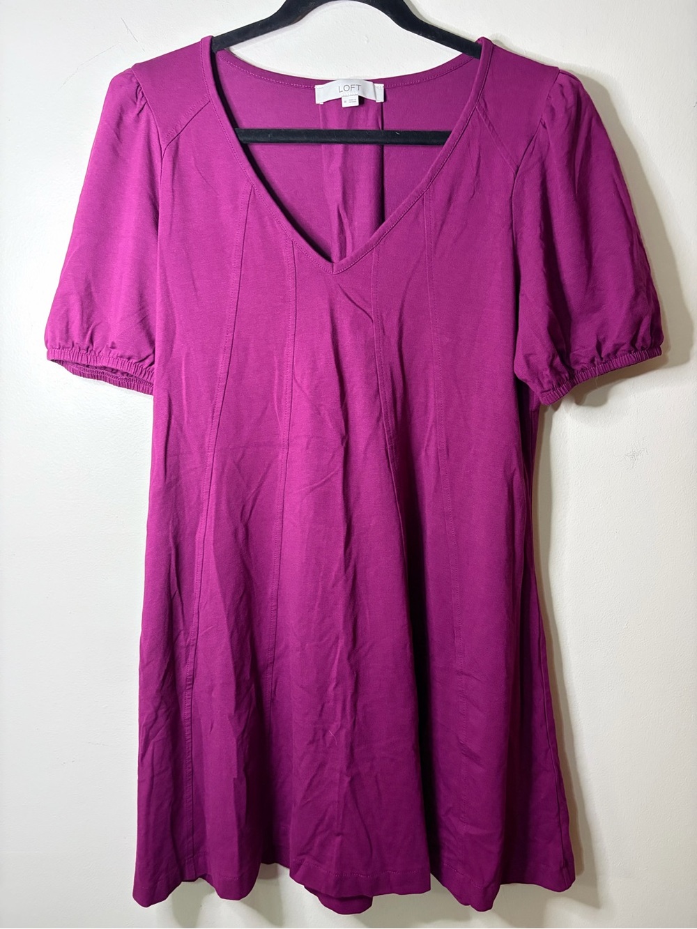 LOFT Fuchsia V-Neck Puff Sleeve Mini Dress